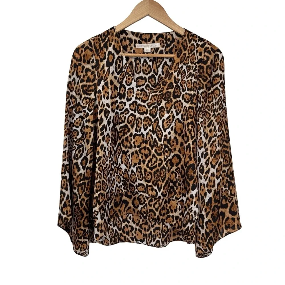 Boston Proper Top Womens 2 Brown Animal Print Mob Wife Satin Polyester - Picture 2 of 16
